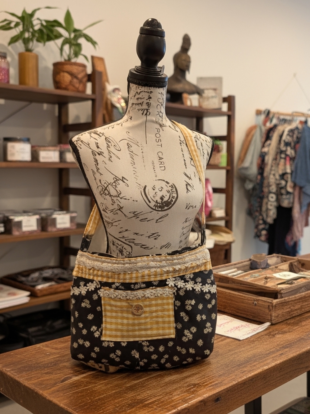 Handmade Navy Blue Floral Crossbody with Yellow Gingham Pocket
